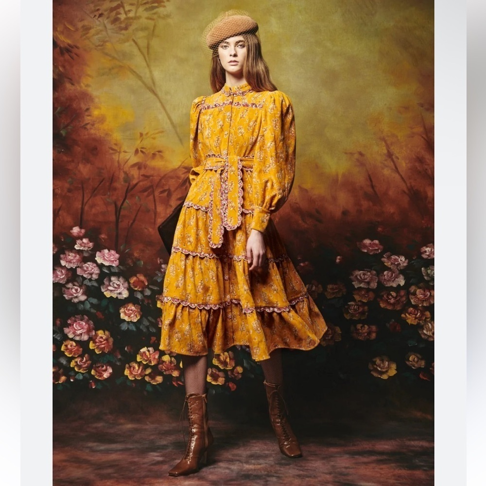 CeliaB Willow Dress Mustard Floral Long Sleeve Dress corduroy print midi NWT L